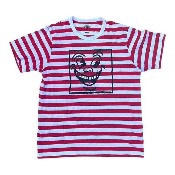 🎨 Keith‎ Haring x Uniqlo SPRZ NY Striped Tee 👕 Red White Art Face Print - Picture 2 of 5